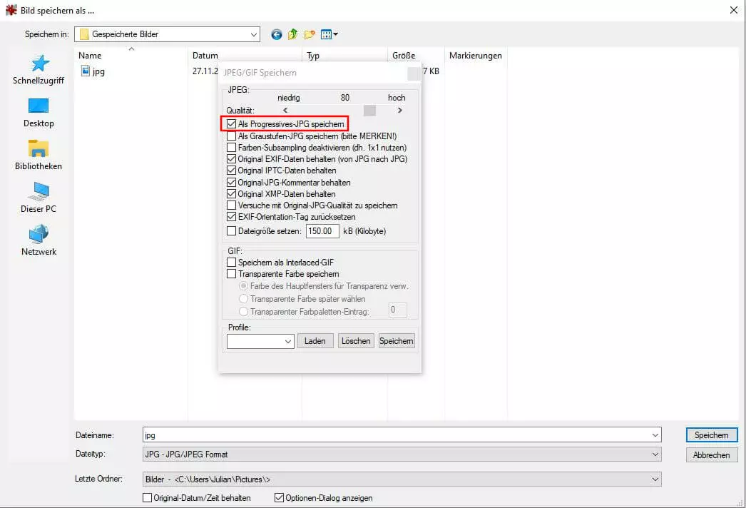 Darstellung der Speicheroptionen in IrfanView