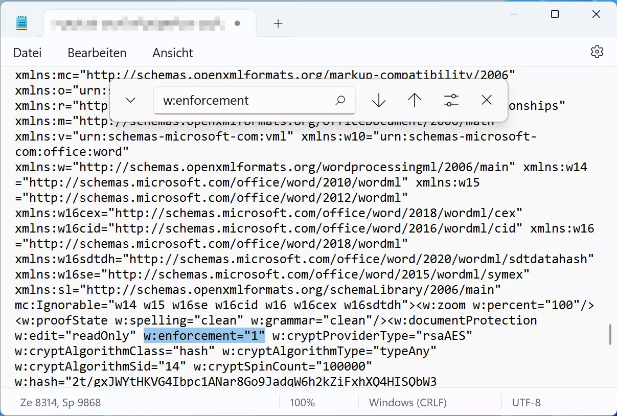 Parameter für den Dokumentschutz in einem Word-XML-Dokument