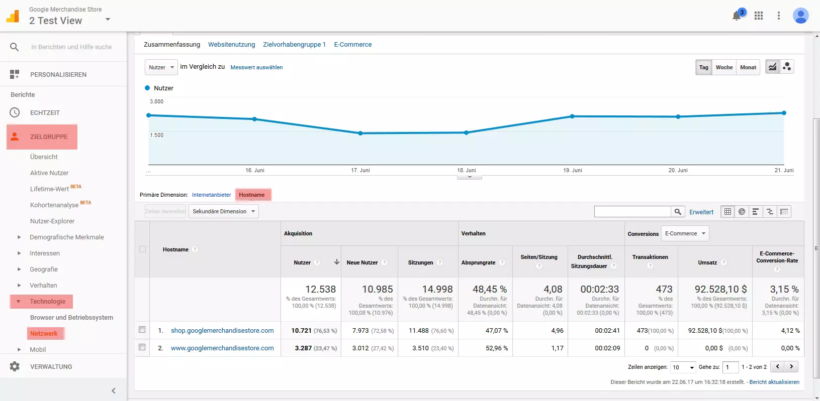 Google-Analytics-Demokonto: Netzwerkbericht