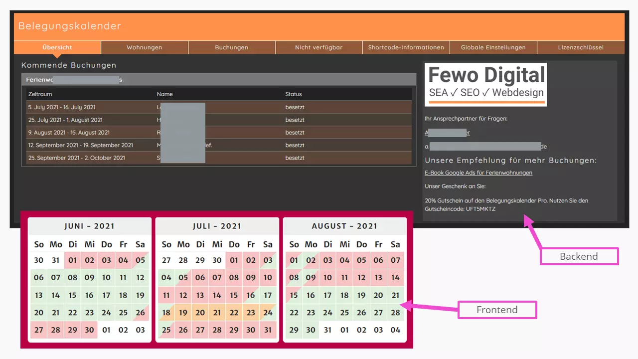 Der Admin-Bereich zum Verwalten von Ferienwohnungen und Gästebuchungen bei FeWo Digital