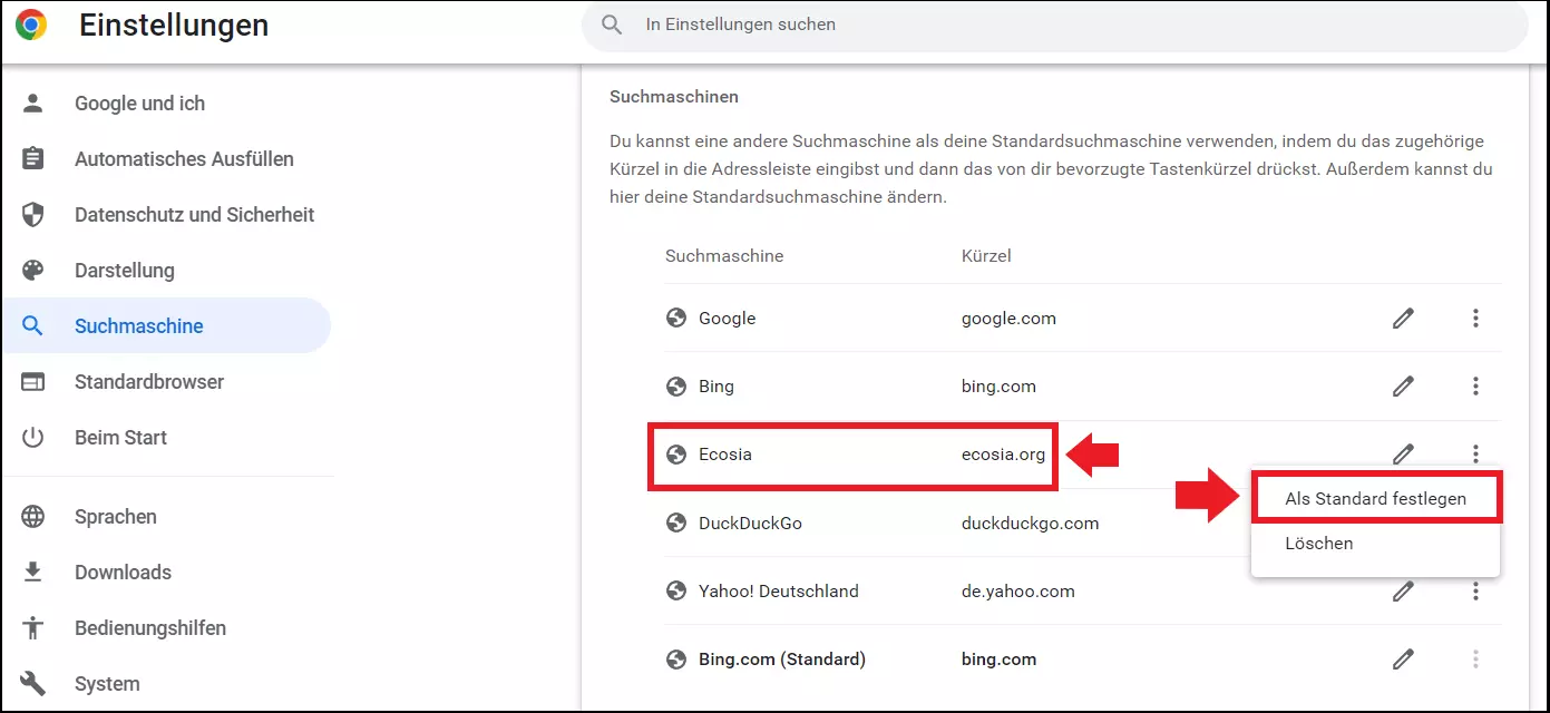 Der Chrome-Menüpunkt „Als Standard festlegen”