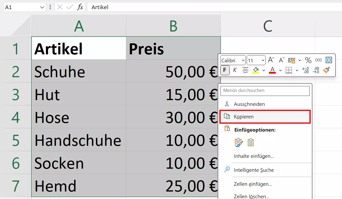 Excel-Tabelle markieren und kopieren