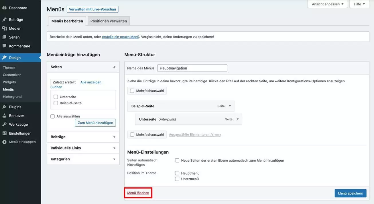 WordPress-Menü im Backend löschen
