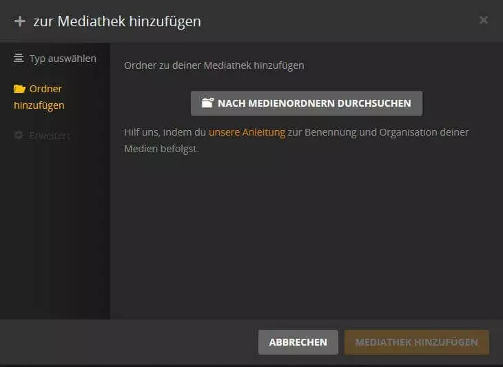 Plex-Web-Interface: Dateien zur Mediathek hinzufügen