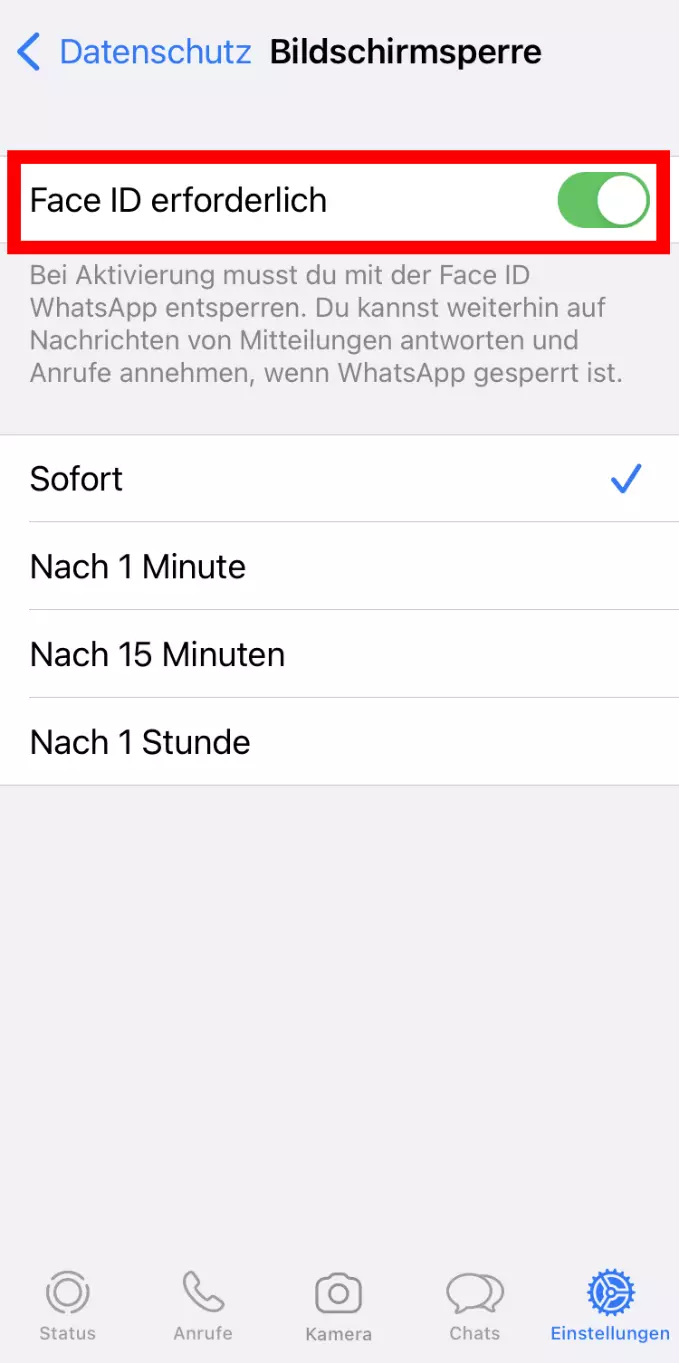 iPhone-Screenshot der Bildschirmsperre-Option auf WhatsApp