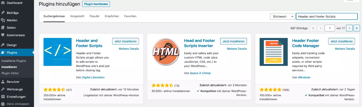 Header and Footer Scripts Plugin suchen