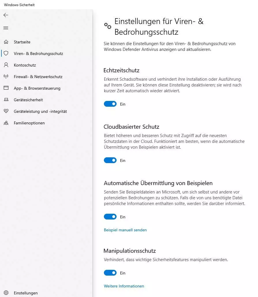 Einstellungen für Viren- & Bedrohungsschutz in Windows