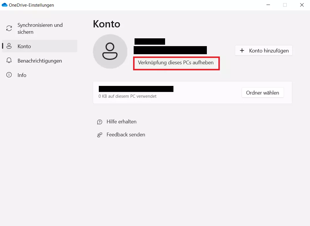 Kontoeinstellungen bei OneDrive