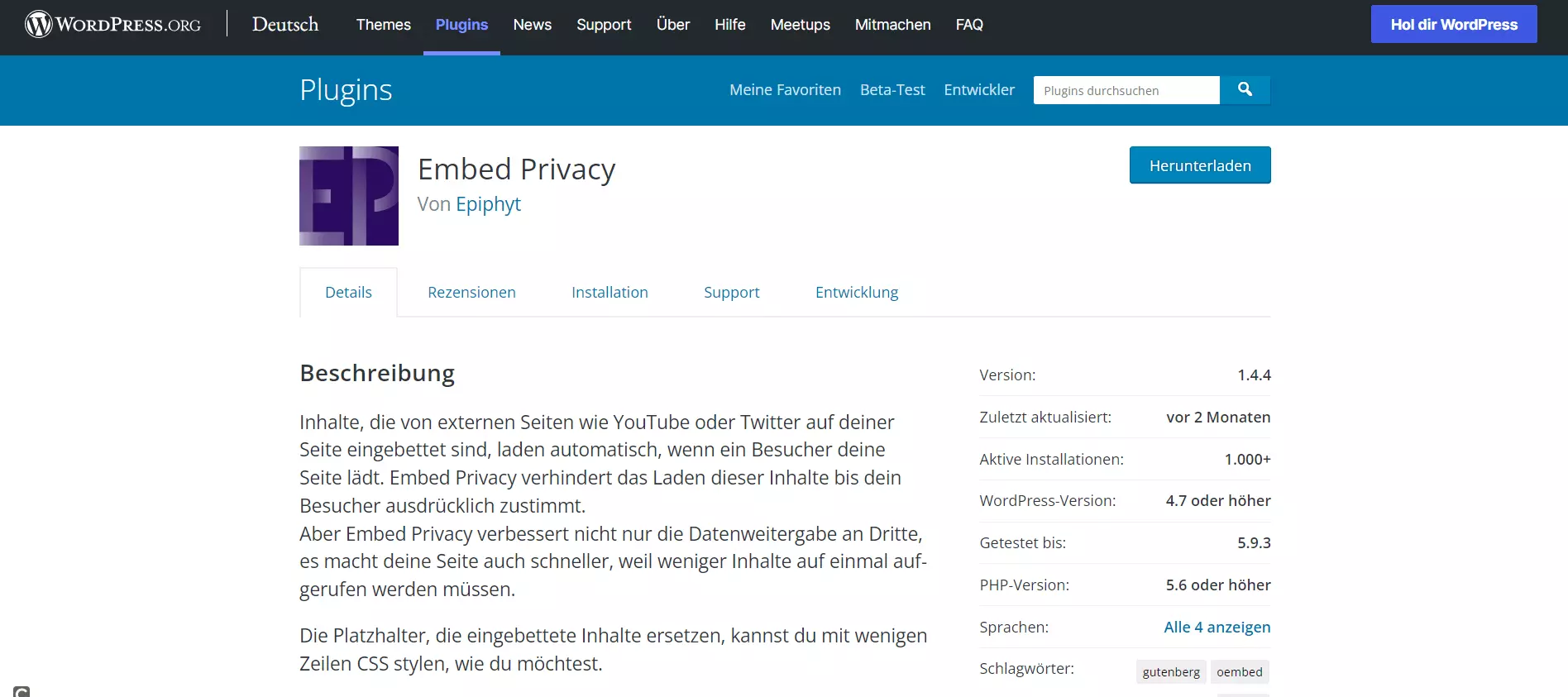 Startseite des Plugins Embed Privacy