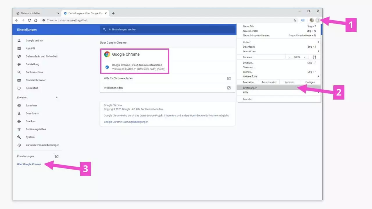 Einstellungen von Google Chrome: Prüfen auf Aktualität
