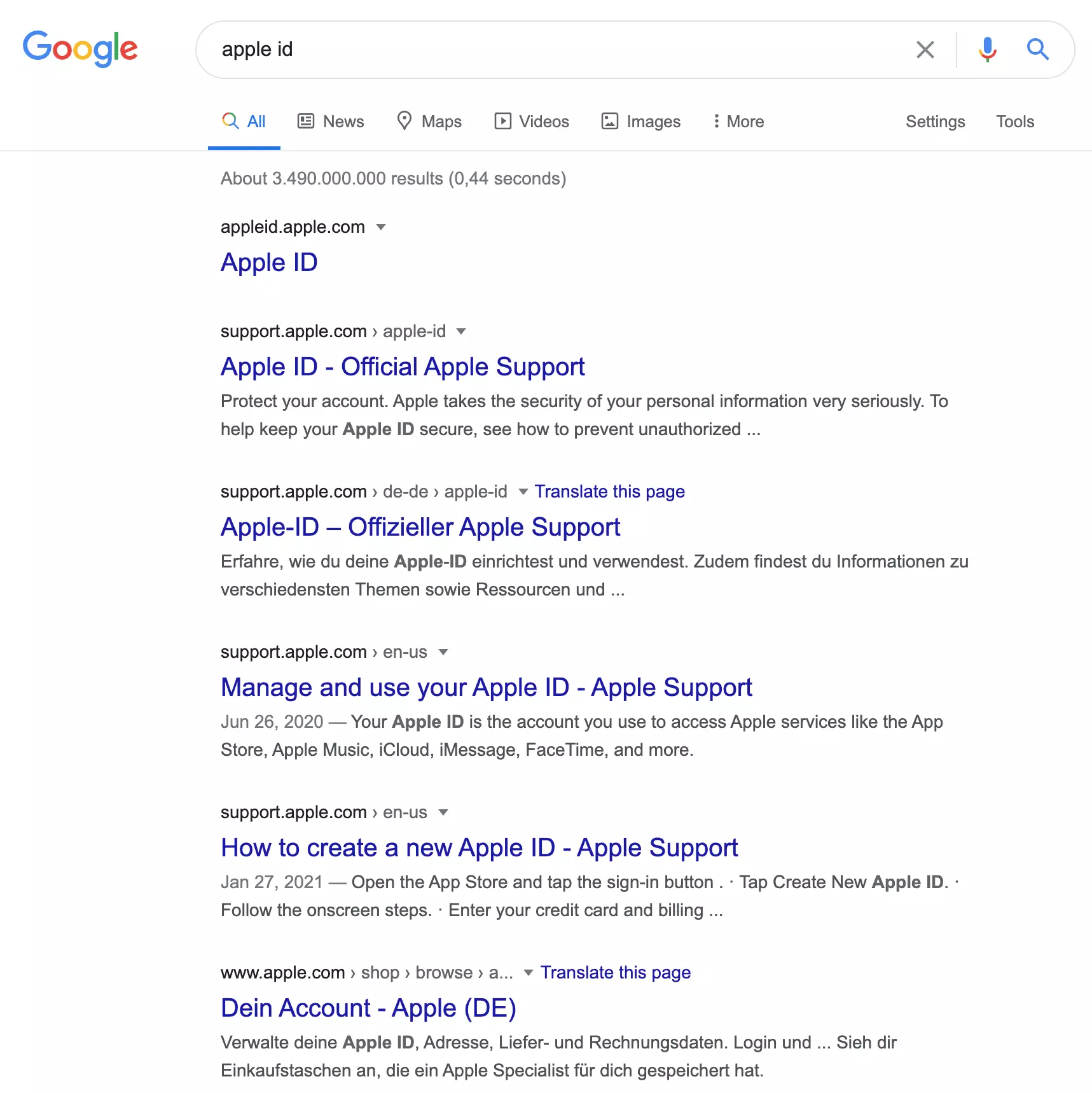 SERP der Google-Suche ′apple id′