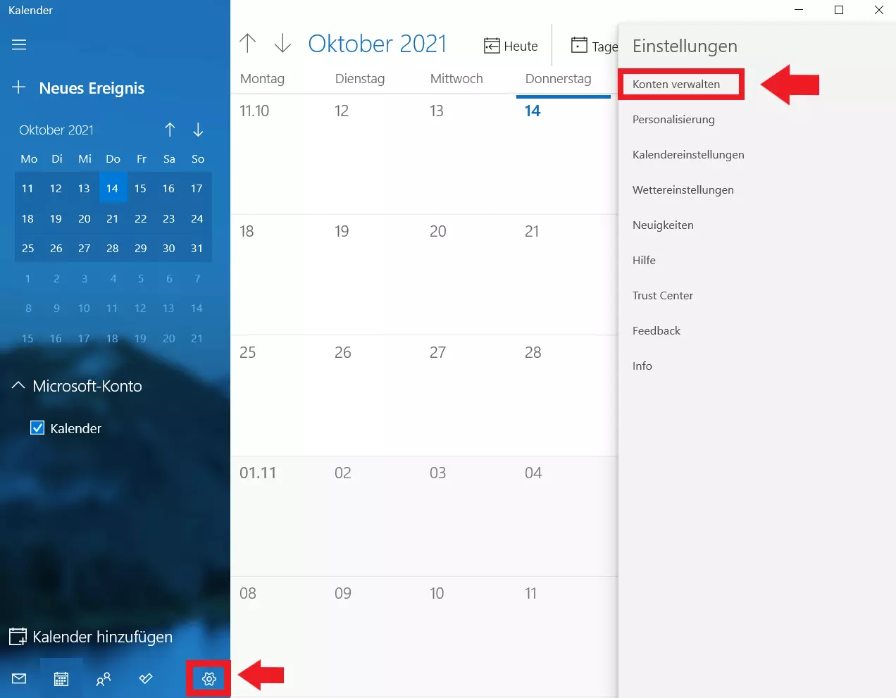 Windows-Kalender: „Einstellungen“, „Konten verwalten“