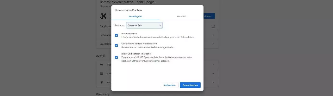 Fenster zum Browserdatenlöschen in Google Chrome