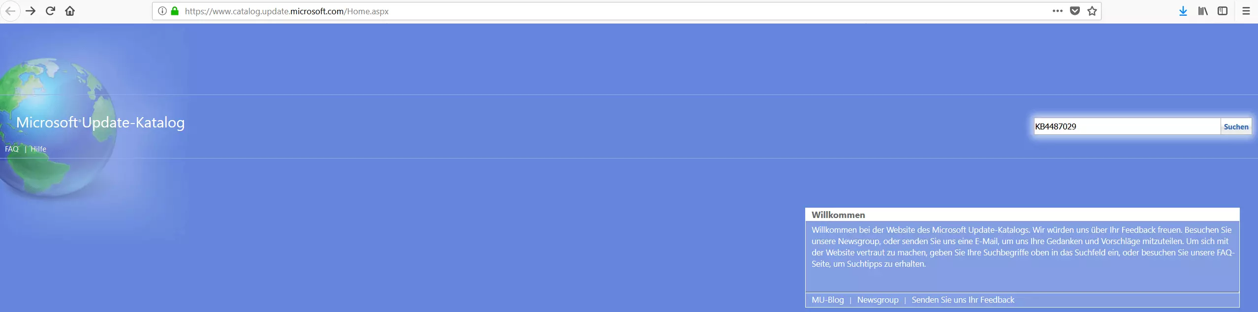 Startseite des Microsoft Update-Katalogs