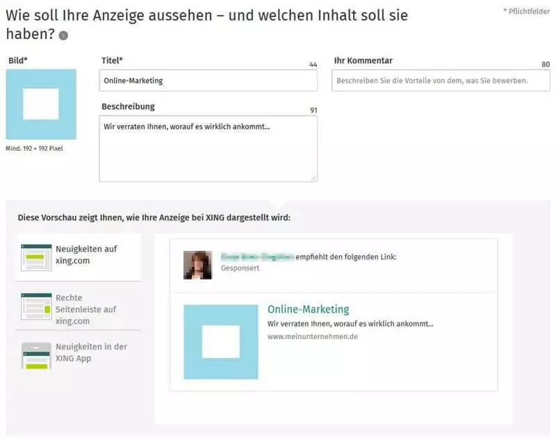 Bild zeigt unter eine Vorschau der Anzeige, so wie sie später den XING-Nutzern angezeigt wird
