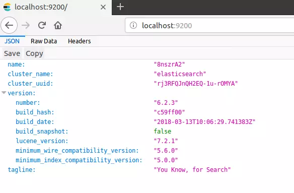 Anzeige der Informationen zu Elasticsearch auf dem localhost