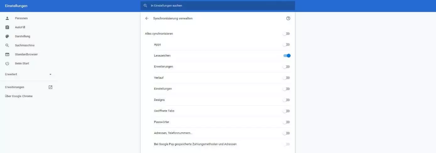 Google Chrome: Synchronisierung verwalten