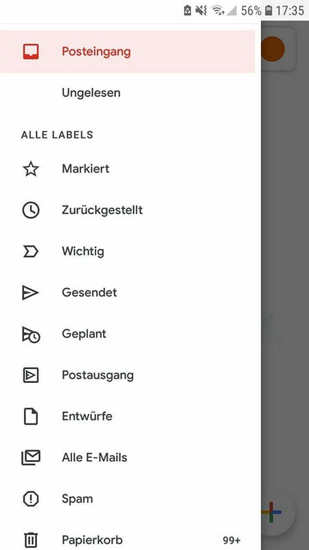 Gmail-Benutzeroberfläche mit Ordnerstrukturanzeige in Android-App