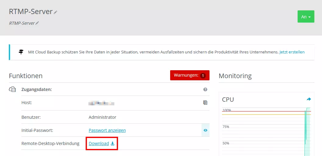 Ansicht des Cloud Panels von IONOS bei einem RTMP-Server