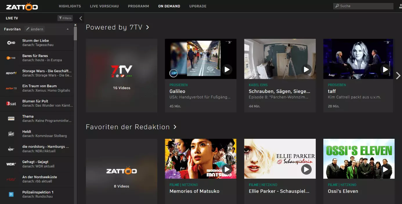 Der On-Demand-Bereich von Zattoo