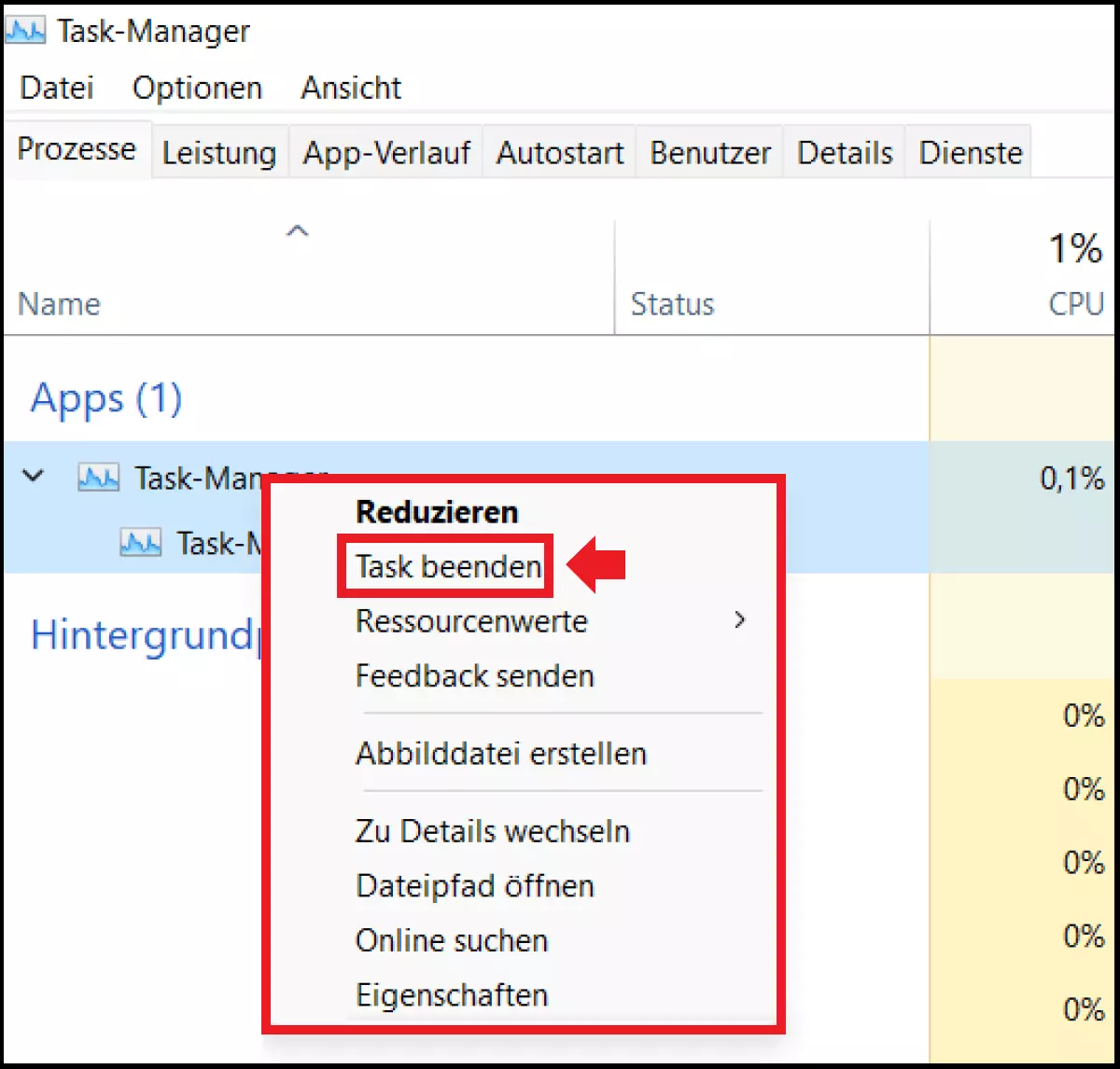 Die Option „Task beenden“ im Untermenü eines Windows-Prozesses