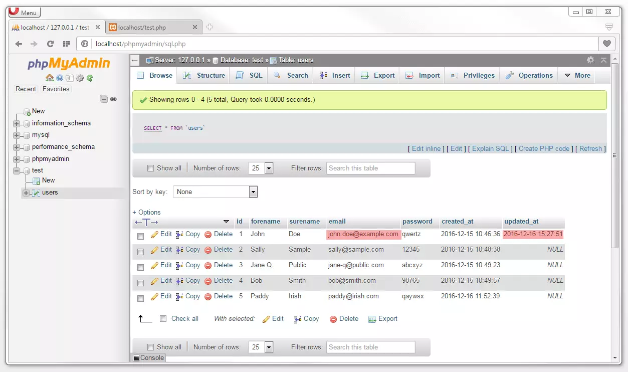 phpMyAdmin: aktualisierte Tabellenübersicht nach Datenbankoperation UPDATE