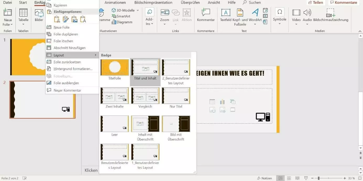 Rechtsklick auf die Folie zeigt die Auswahl des Layouts in PowerPoint 2019