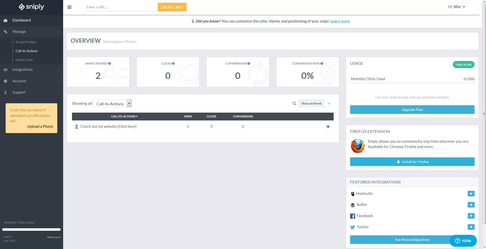 Dashboard von Sniply