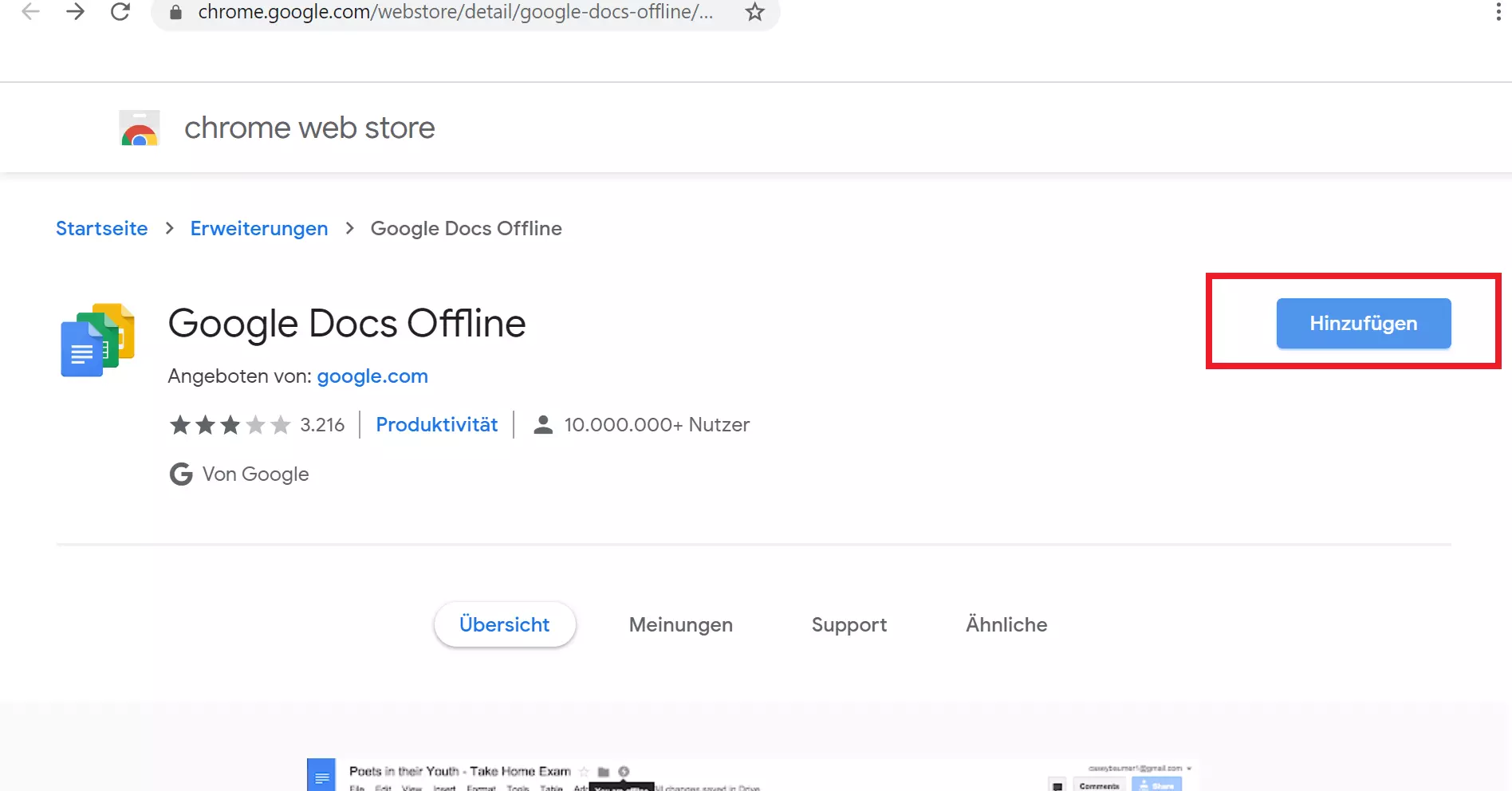 Chrome Web Store: Button, über den sich die Google-Docs-Offline-Erweiterung hinzufügen lässt