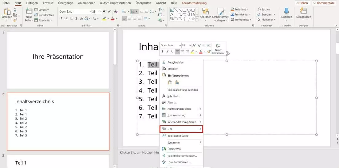 PowerPoint-Inhaltsverzeichnis verlinken: Link erstellen