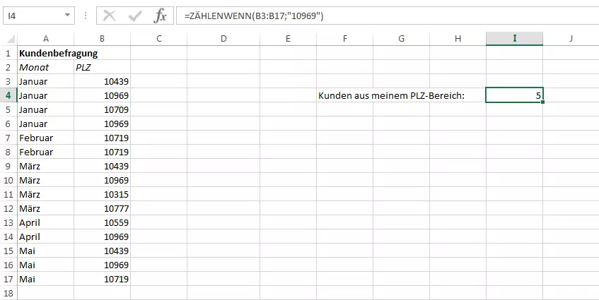 Screenshot einer Excel-Tabelle mit ZÄHLENWENN für eine Statistik