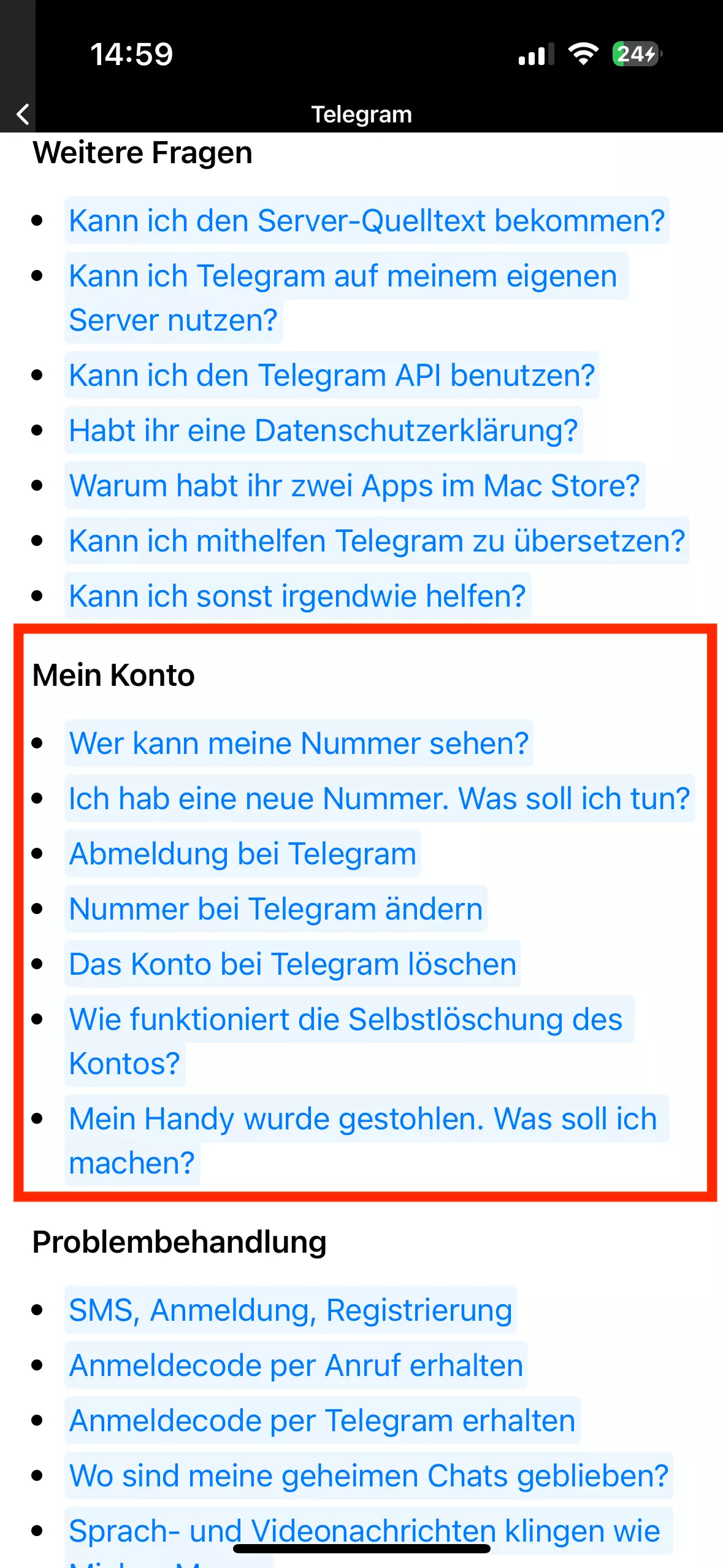 Telegram-App FAQ-Bereich mit „Mein Konto“