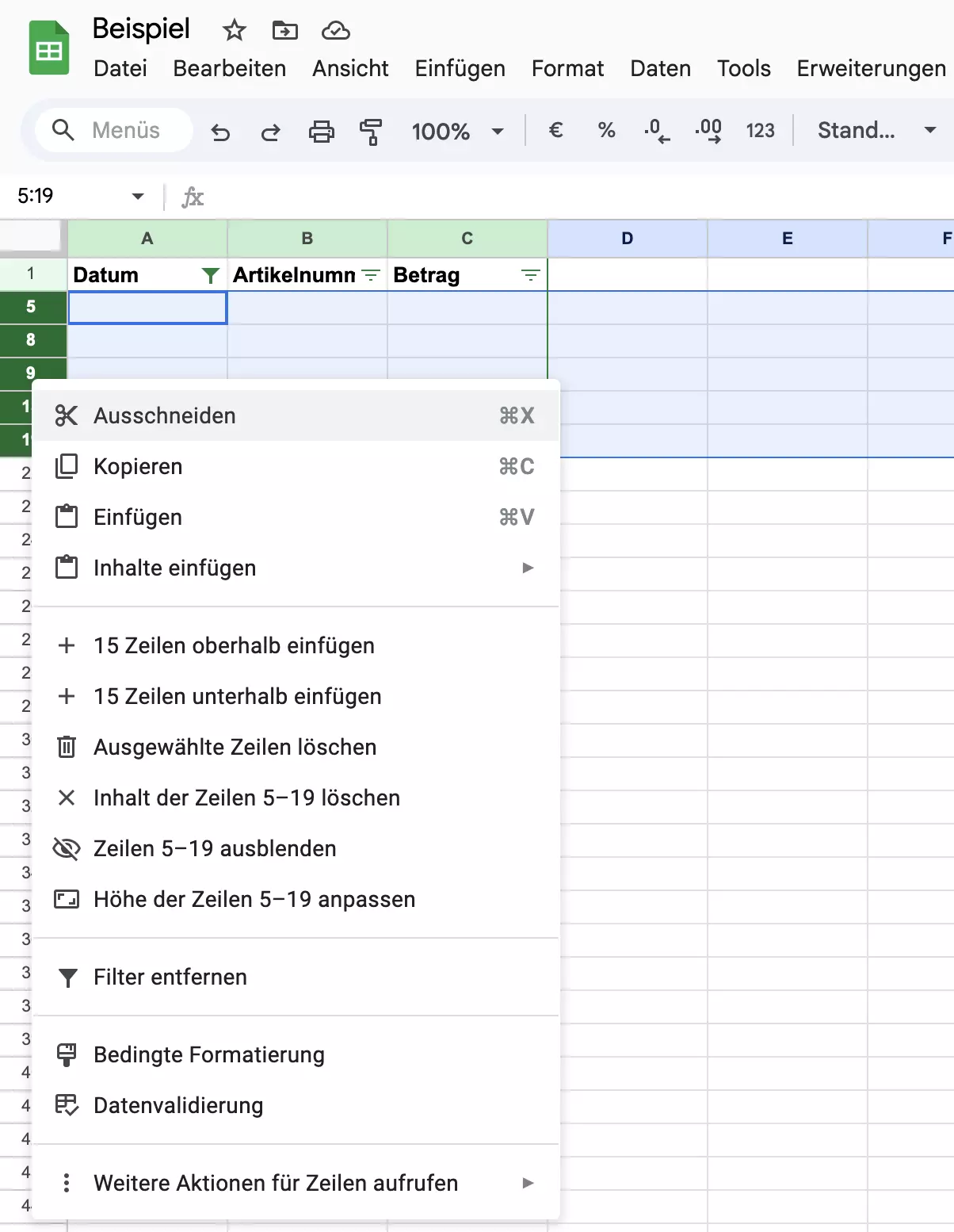 Screenshot des Drop-down-Menüs in Google Sheets