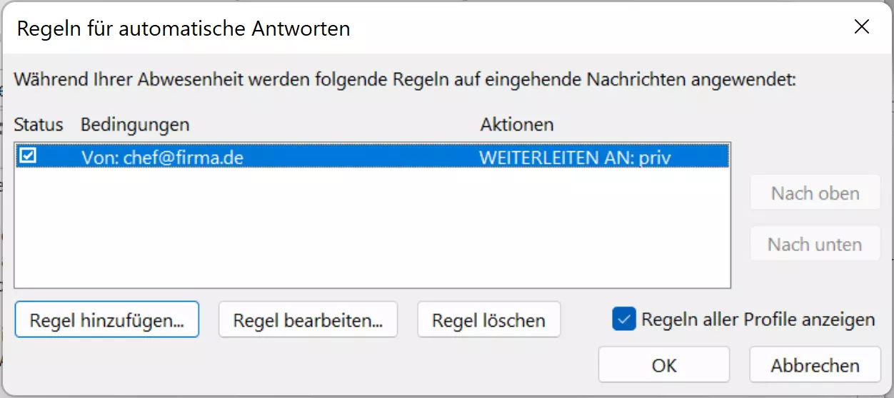 Regelübersicht für Abwesenheitsnotizen in Outlook