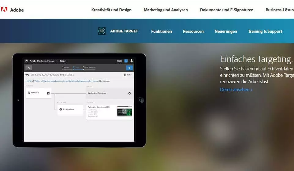 Adobe-Homepage mit Angebot zu Adobe Target