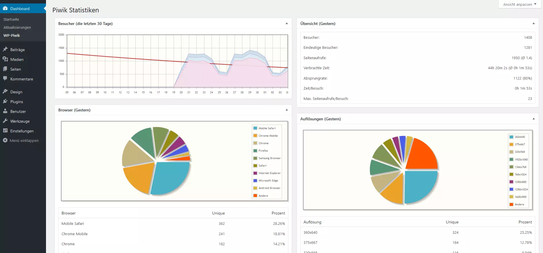 Piwik Wordpress Dashboard in der Übersicht