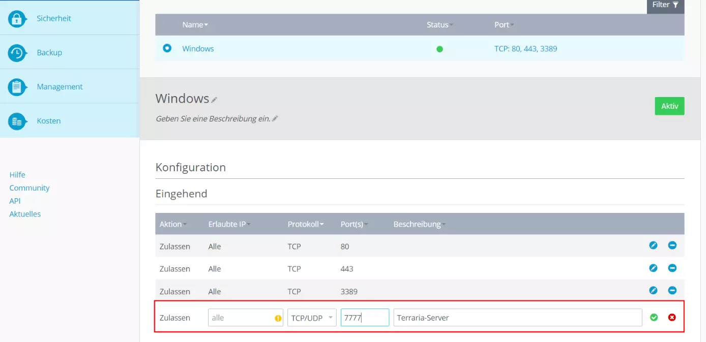 Port-Freigabe im IONOS Cloud Panel