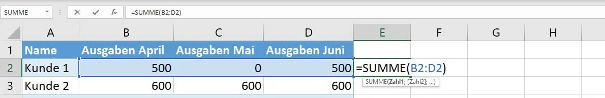 Exemplarische Eingabe der Excel-SUMME-Funktion