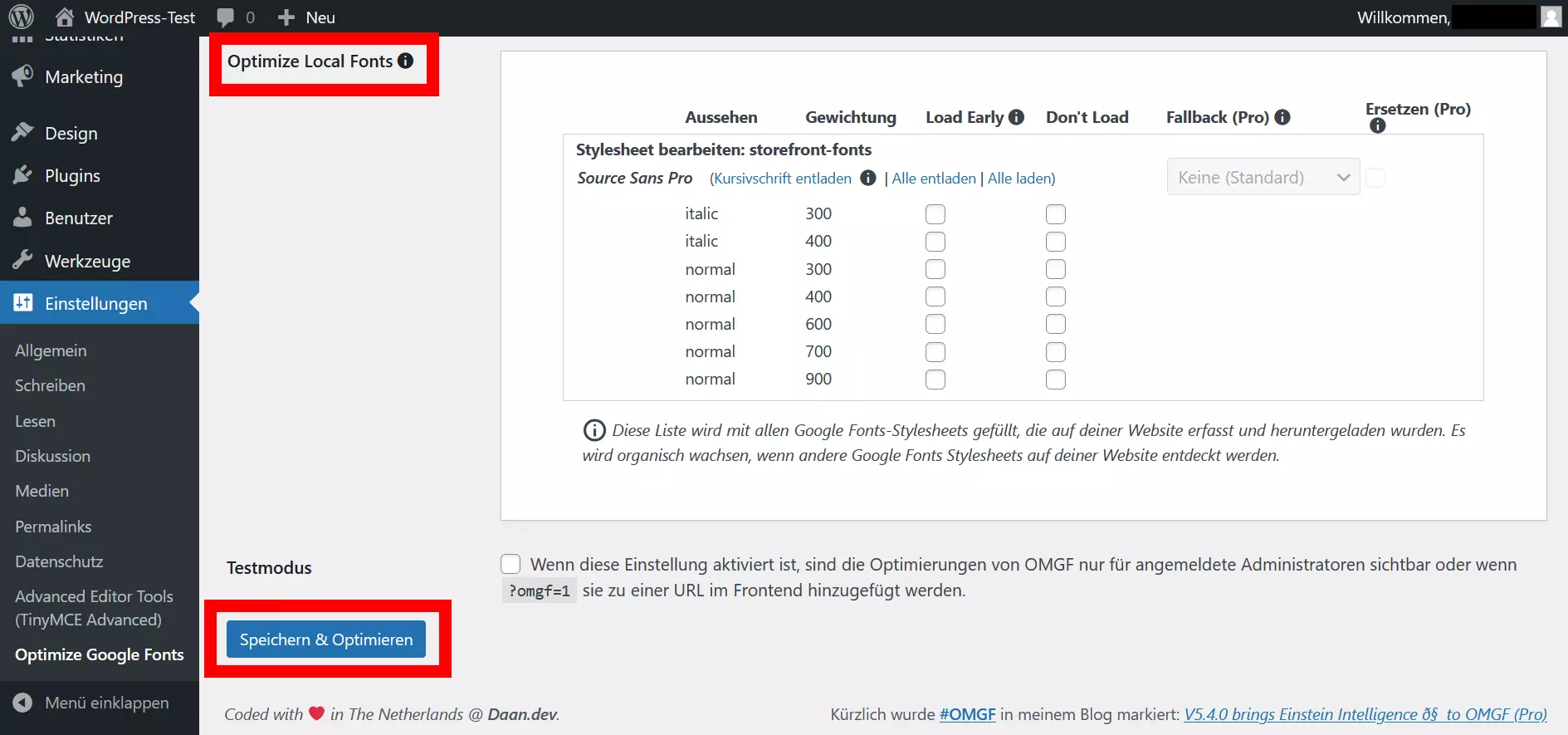 Screenshot der Einstellungsseite des OMGF-Plugins