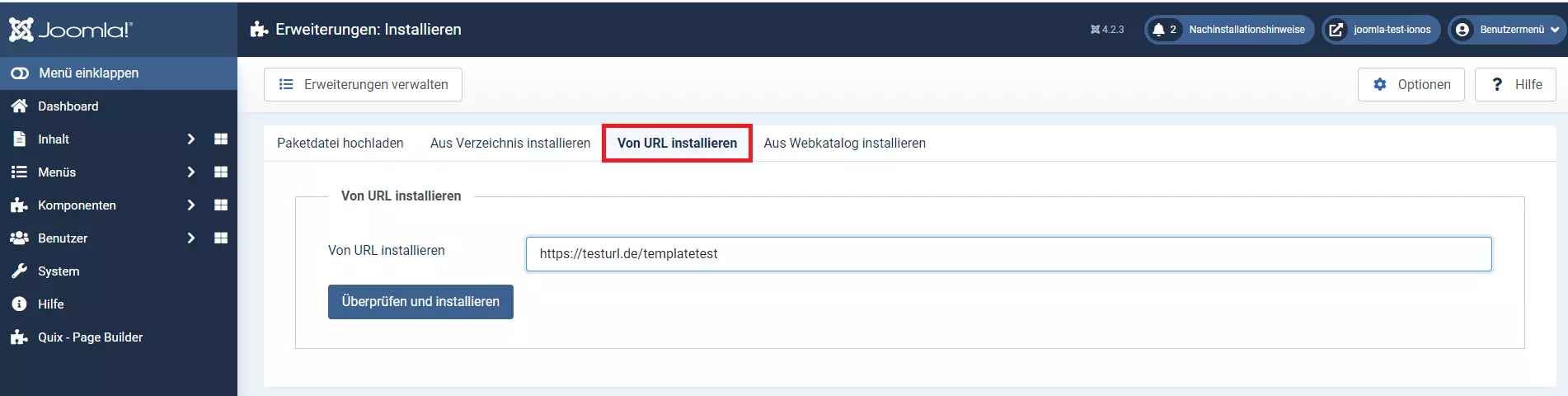 Option „Von URL installieren“ im Joomla-Backend