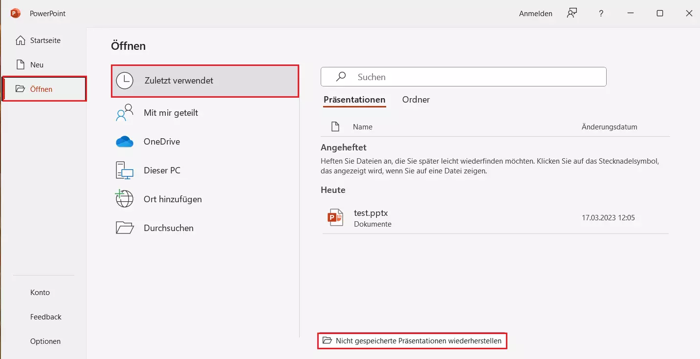 Nicht gespeicherte PowerPoint wiederherstellen