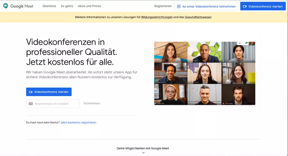 Startseite von Google Meet