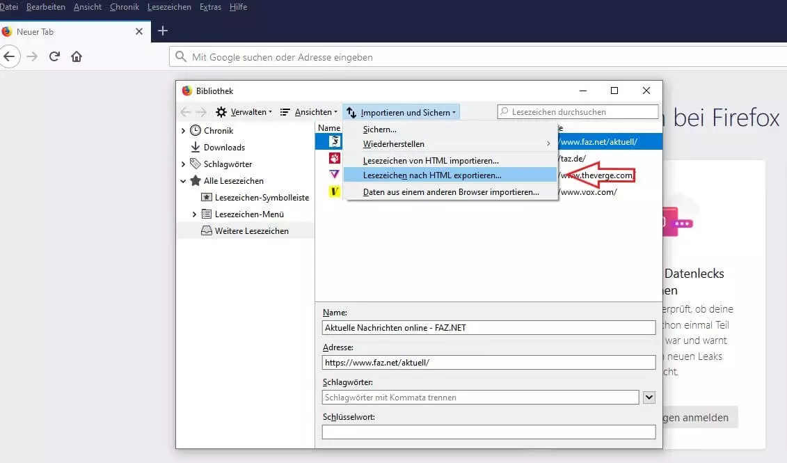 Screenshot Lesezeichen-Bibliothek „Importieren und Sichern“ mit Auswahl „Lesezeichen nach HTML exportieren“