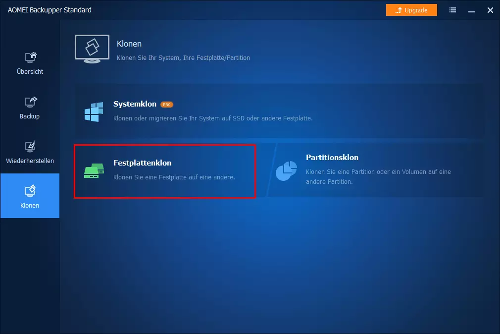 AOMEI Backupper Standard – Auswahlmenü zum Klonen von Festplatten