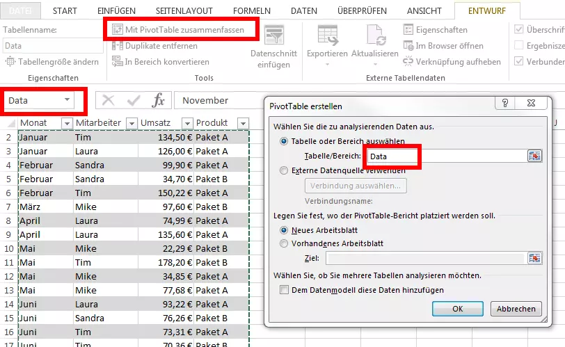 Fenster in Excel, um eine Pivot-Tabelle zu erstellen