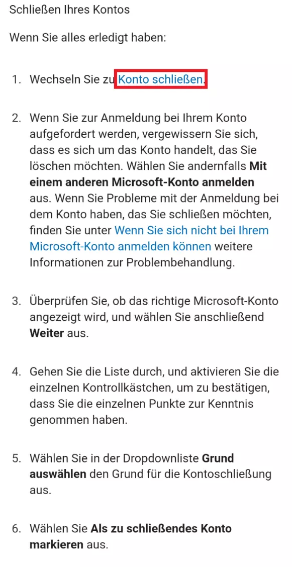 Starten Sie die Kontolöschung, indem Sie auf „Konto schließen“ gehen.