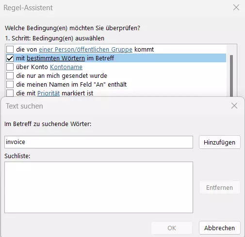 Outlook-Regel-Assistent: Bearbeitung der Regelbedingung