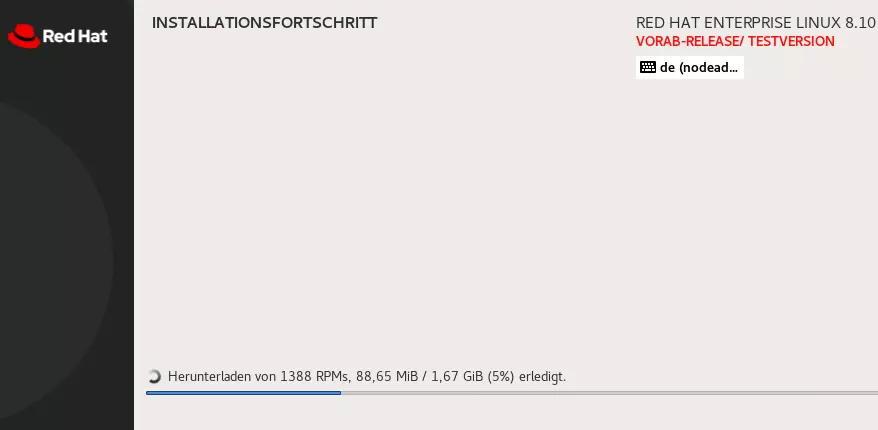 Screenshot des Konfigurationsmenüs von RHEL 8 mit dem Fortschritt der Installation