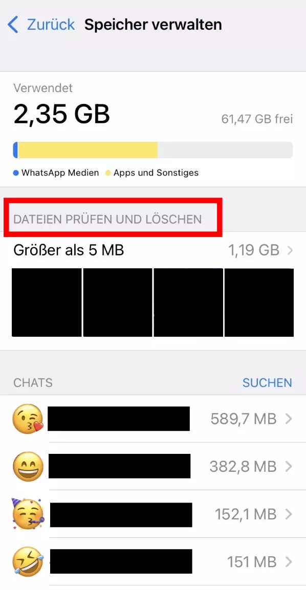 iPhone-Screenshot der Speicherverwaltung auf WhatsApp