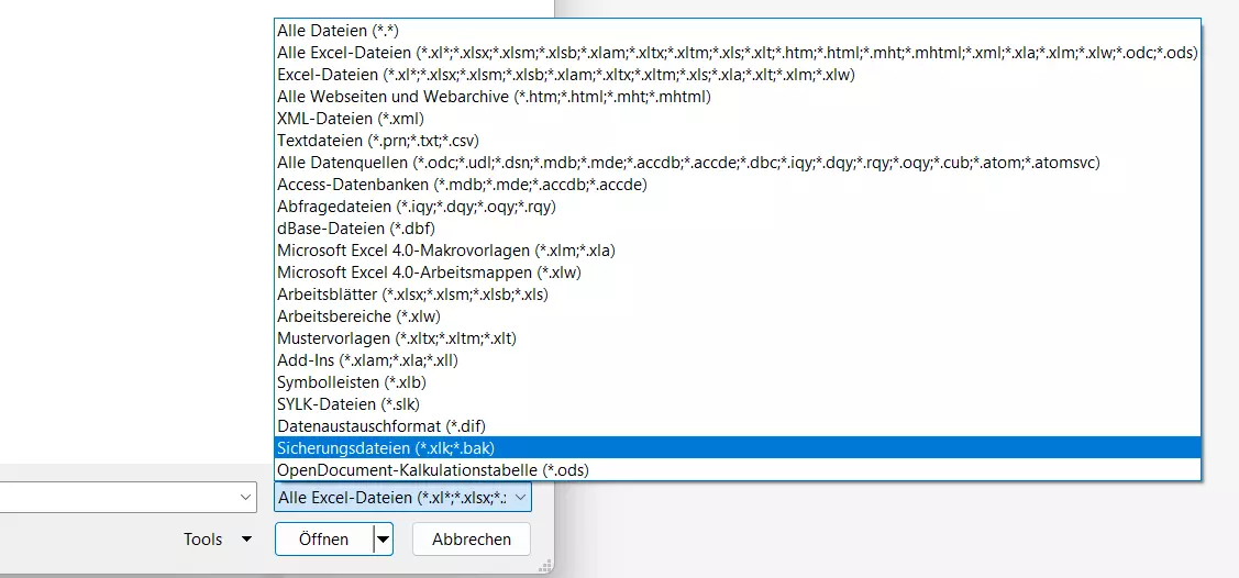 Excel: Sicherungsdatei öffnen